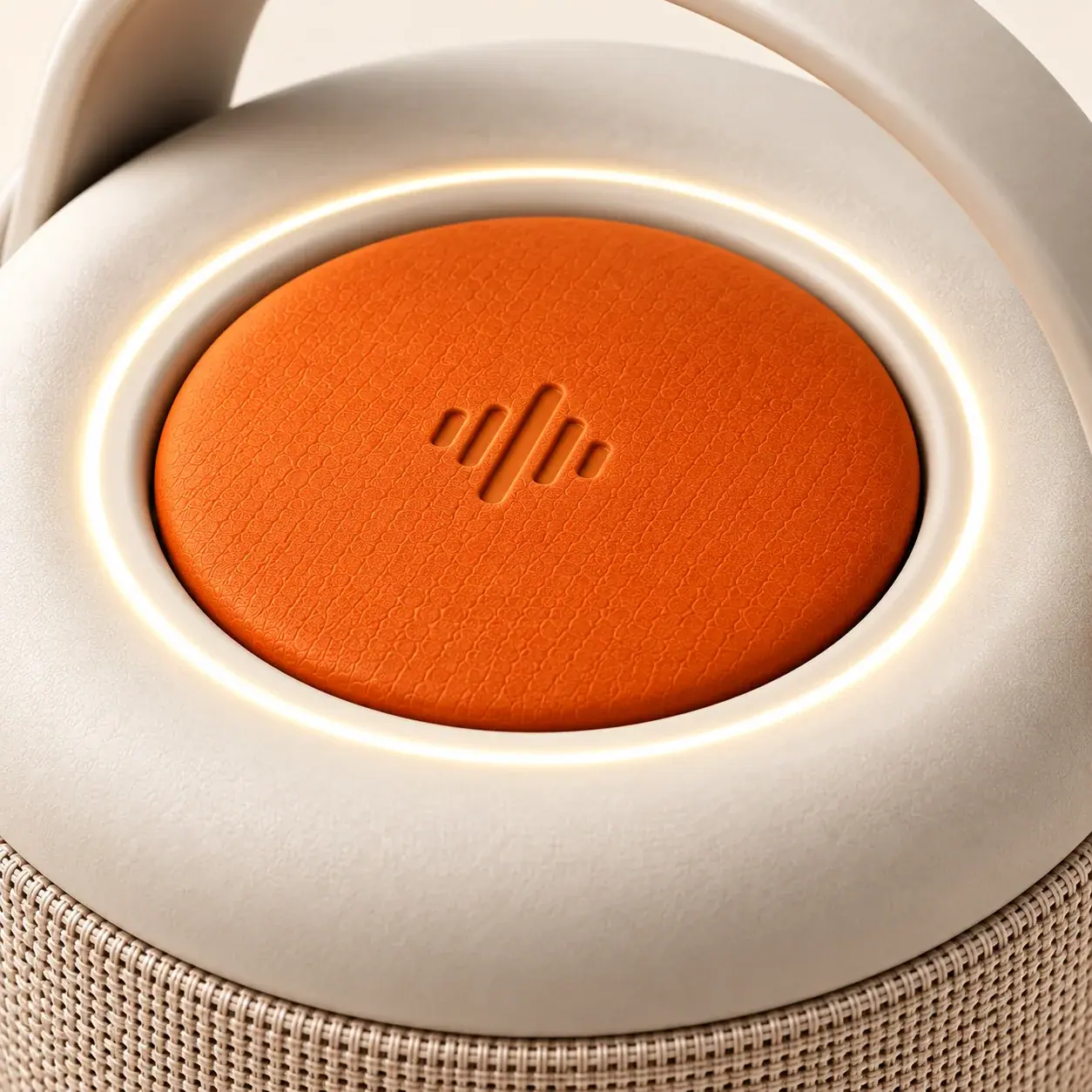 Close-up of Bau’s orange talk button, light ring and woven speaker fabric