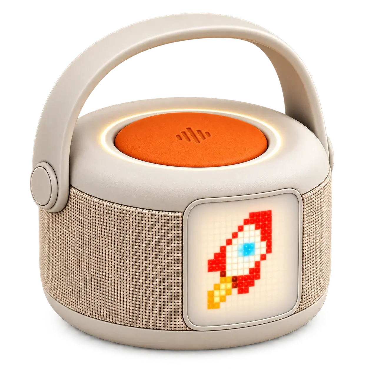 Bau seen from the left, with its woven speaker and pixel rocket display