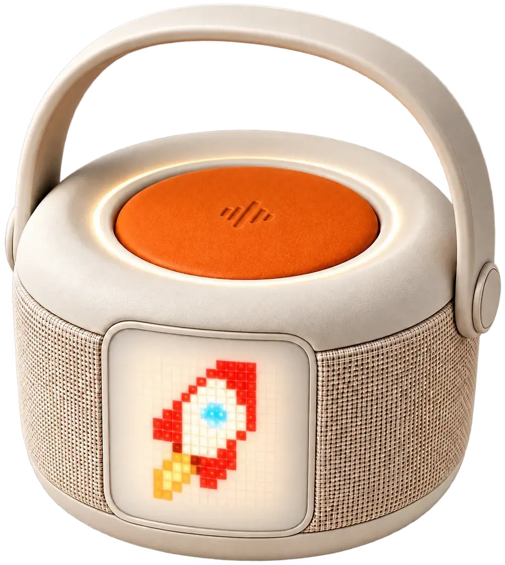 Cream Bau with a carry handle, orange button and a pixel rocket on its screen